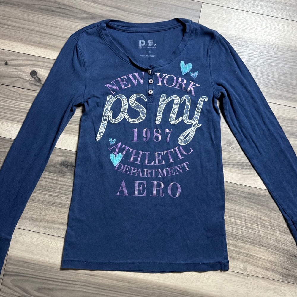 PS from Aeropostale Girls Navy Blue Long Sleeve Henley Graphic Shirt Size L 12